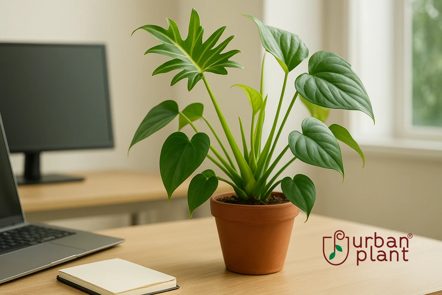 Philodendron (Heart-leaf & Xanadu) – lush and adaptable office desk plant with vibrant green leaves in a terracotta pot on workspace desk – Urban Plant